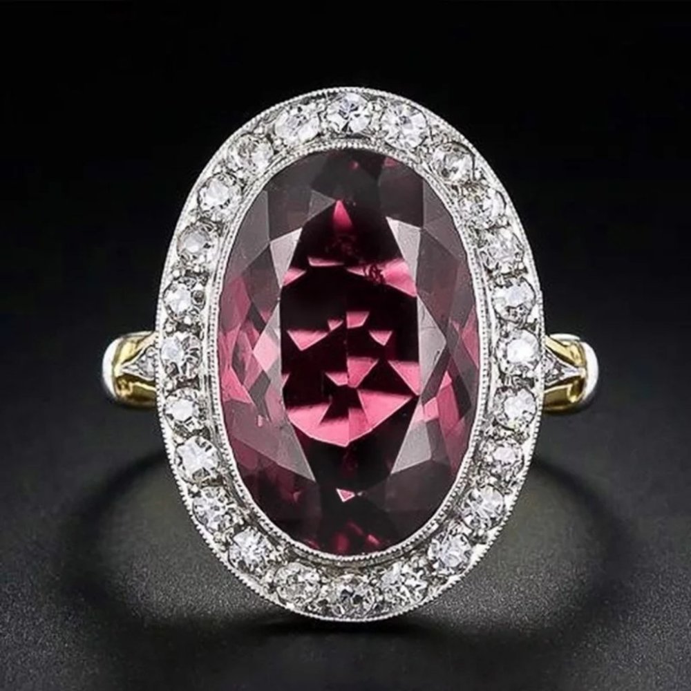 OVAL RED CZ TWO TONE DESIGN NOBLE BIRTHDAY 💍 RING - Picture 2 of 6